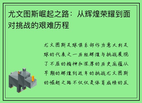 尤文图斯崛起之路：从辉煌荣耀到面对挑战的艰难历程
