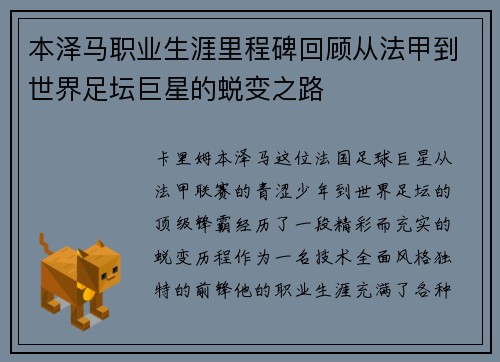 本泽马职业生涯里程碑回顾从法甲到世界足坛巨星的蜕变之路