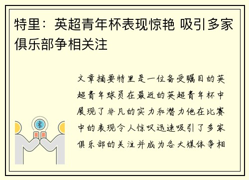 特里:英超青年杯表现惊艳 吸引多家俱乐部争相关注 特里:英超青年杯表现惊艳 吸引多家俱乐部争相关注